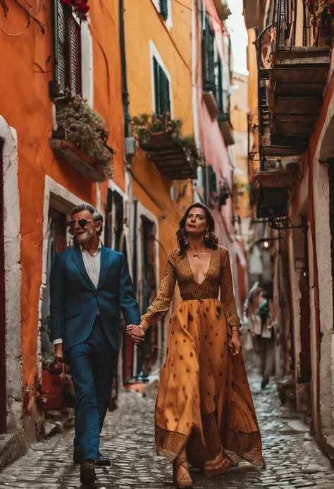 A imagem mostra um casal apaixonado, vestidos com roupas italianas elegantes. They are on a charming and narrow cobblestone street, surrounded by old and colorful buildings. The couple is holding hands, looking at each other with expressions of love and ha...