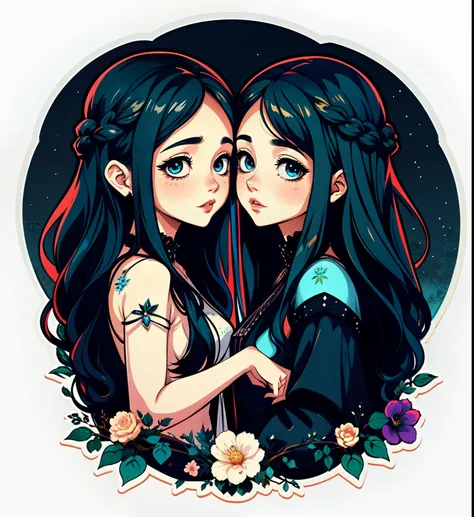 adesivo, fundo simples, portrait, 2 girls, couple, kissing, girl with long hair, beautiful hecate girl, hecate aesthetic, beautiful girl, very beautiful fantasy art, beautiful and elegant female hecate, beautiful detailed fantasy, black and blue color pala...