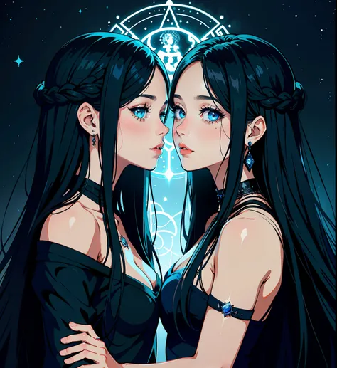 adesivo, fundo simples, portrait, 2 girls, couple, kissing, girl with long hair, beautiful hecate girl, hecate aesthetic, beautiful girl, very beautiful fantasy art, beautiful and elegant female hecate, beautiful detailed fantasy, black and blue color pala...