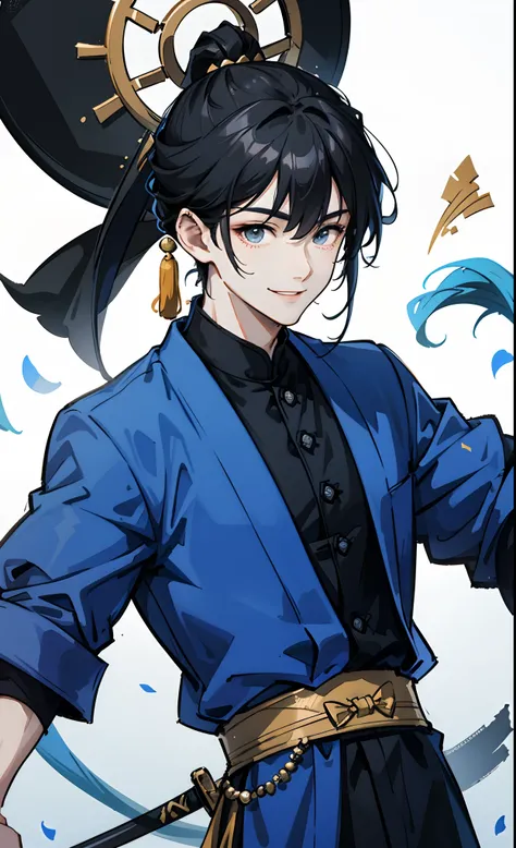 Ip Manzhou，blue clothes，black color hair，Chinese man in costume，quadratic element，gentleness，With a smile on the corners of his mouth，swordsman