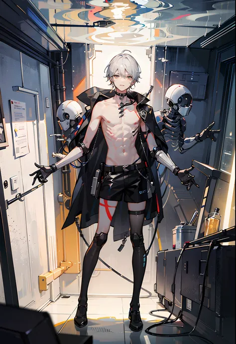 Young men,1 boy,Solo,solo person,(Male),The right leg is a mechanical prosthesis,droid,white colored eyelashes,White eyes,cable wires,electrical wires,(Transparent surface and epidermis:1.5)Electronic,(Mechanical vertebrae and ribs:1.3),afloat,Under the wa...