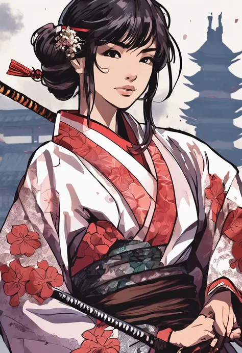 Samurai anime girl in traditional Japanese costume, katana in hand,