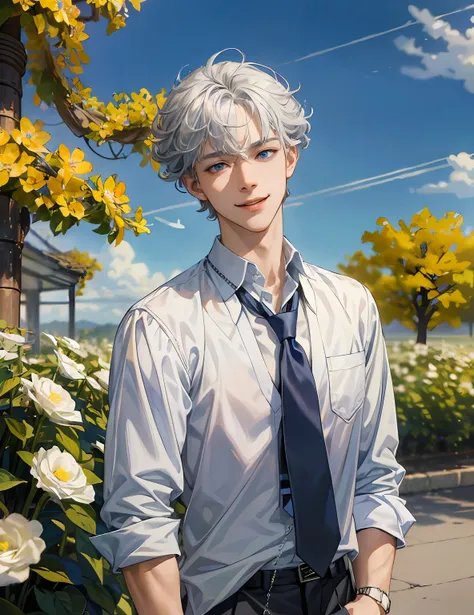 absurdres, highres, ultra detailed, HDR), masterpiece, best quality, 1boy, solo, 17 year, handsome, YELLOW messy curly hair, blue eyes and detailed face, ((wear school uniform, loosened tie, open collar)), (white skin), upper body, muscular, playfully smil...