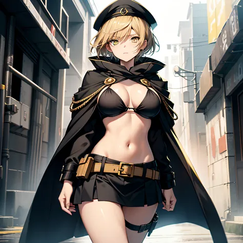 top-quality、extremely delicate and beautiful、femele、Wearing a black cloak。Colossal tits、Black Bikini Bra、Yellow military cap、Thunder properties、a blond、short-haired、Yellow eyes、Navel、Black miniskirt、Belt at waist