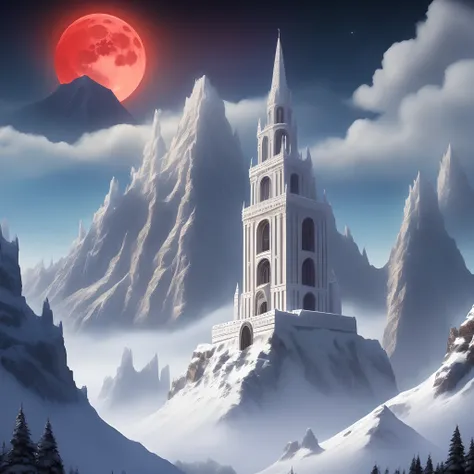 A picture of a huge white castle of epic fantasy that is very high and in the background there are mountains and a sky with a red moon