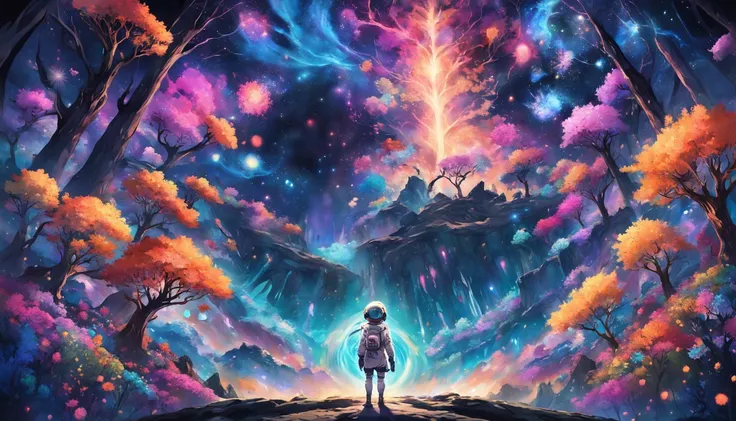 an astronaut stands on an otherworldly planet surrounded by a kaleidoscope of vibrant flowers and enchanting forests. The starlit sky above is illuminated by strange and colorful hues of lights, creating an ethereal atmosphere