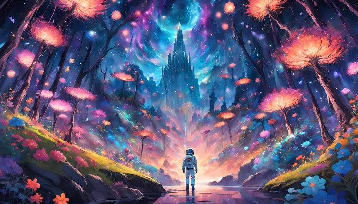 an astronaut stands on an otherworldly planet surrounded by a kaleidoscope of vibrant flowers and enchanting forests. The starlit sky above is illuminated by strange and colorful hues of lights, creating an ethereal atmosphere