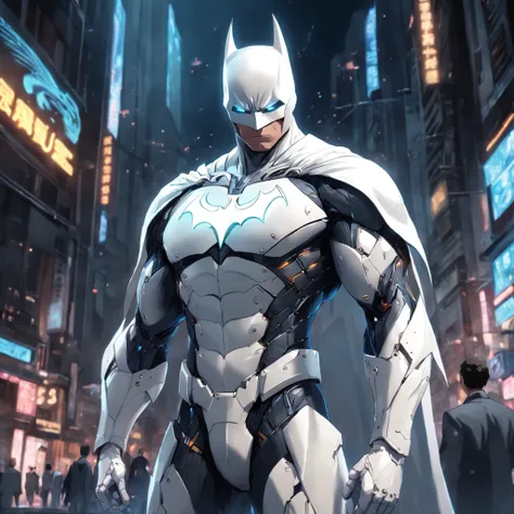 A realistic depiction of an advanced cybernetic suit wearing white Batman.