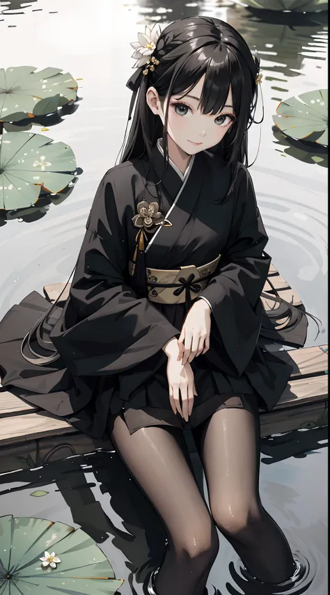 hoang lap，8K high resolution，ultra - detailed，（1girll：1.3），handpainted，Simple lines，16-year-old girl wearing black Chinese clothing，beuaty girl，In the lotus pond，tmasterpiece，Sit on a plank floating in the water，Floating hair，black pantyhoses，black pantyho...