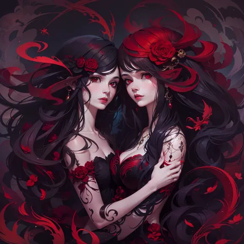 adesivo, fundo simples, portrait, 2 girls, couple, girl with long hair, beautiful lilith girl, lilith aesthetic, beautiful girl, very beautiful fantasy art, beautiful and elegant female lilith, beautiful detailed fantasy, black and red color palate, black ...