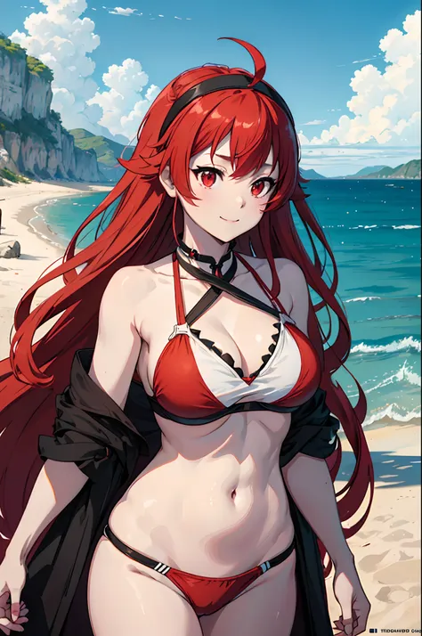 upper body, 1girl, Eris Greyrat, red hair, red eyes, ahoge, hairband, (bikini, white bekini), outdoor, beach, clouds, sea, water, smile, close mouth, masterpiece, high detailed illustration, high detailed background, hi-res