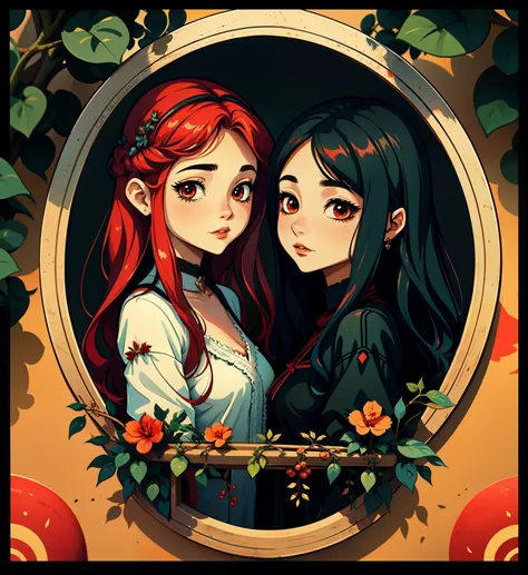 adesivo, fundo simples, portrait, 2 girls, couple, girl with long hair, beautiful lilith girl, lilith aesthetic, beautiful girl, very beautiful fantasy art, beautiful and elegant female lilith, beautiful detailed fantasy, black and red color palate, black ...