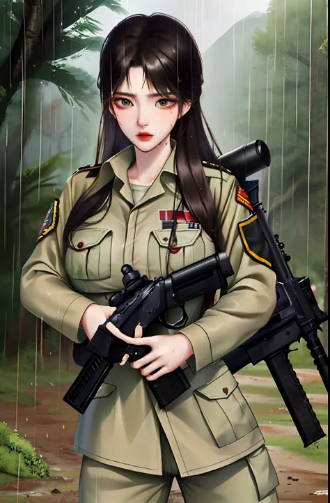 1girl, korean soldiergirl age 17,beautiful face, strong screamed face,sexy,he tall,super big breast,(P cup), soldier sexy, torn military soldier outfit,full body wet water,in jungle,long black wet hair,rain, heavy rain, hold a gun, sniper, pistol ,and bag ...