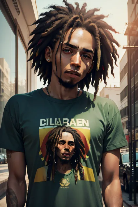 Bob Marley com camisa do Alien, com uma arara no ombro