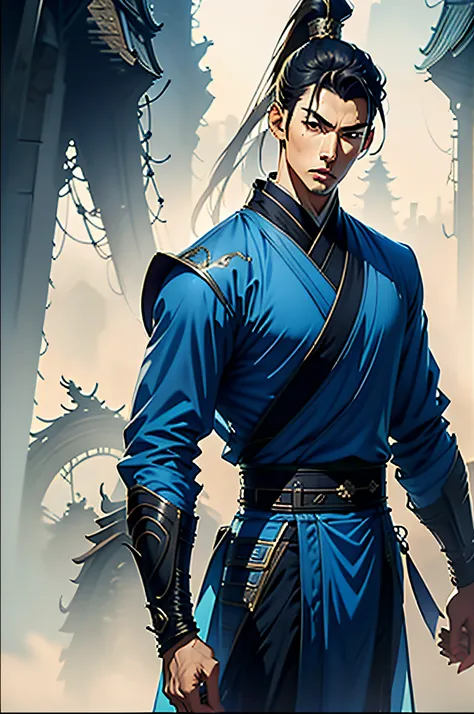 of a guy，Blue main color picture，Wind Assassin，Armed with a sword，Fierce and proud eyes，Upper body portrait，Detail portrayal，Wuxia style，Costumes，The side face is handsome，Best Picture Quality, Dynamic 8K antique man scene with good details