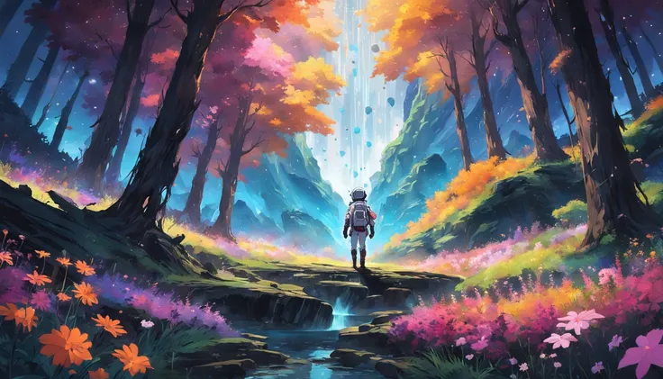 A lone astronaut explores a distant planet covered in a mesmerizing tapestry of colorful flowers and lush forests. As the stars twinkle above, the landscape is bathed in an otherworldly glow that defies imagination