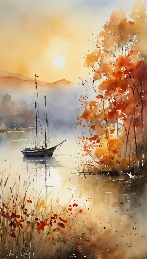 tmasterpiece, Top  Quality, hoog detail, Impressionism, Autumn Morning, Cruise along the lake in the morning mist, haze, Cinematic light,