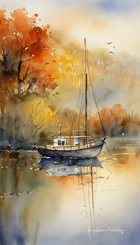 tmasterpiece, Top  Quality, hoog detail, Impressionism, Autumn Morning, Cruise along the lake in the morning mist, haze, Cinematic light,