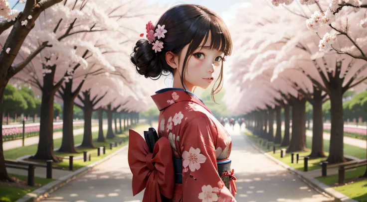 one-girl，in a kimono，Stand under the cherry blossom trees