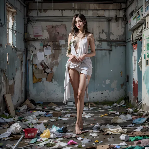 tmasterpiece，abandoned building，Garbage all over the ground，grimy，full-body portraits，Sexy standing pose，Slim legs，very beautiful long slim legs，The barefoot，Naked all over the body，full body exposed，exhibitionists，The body is exposed randomly