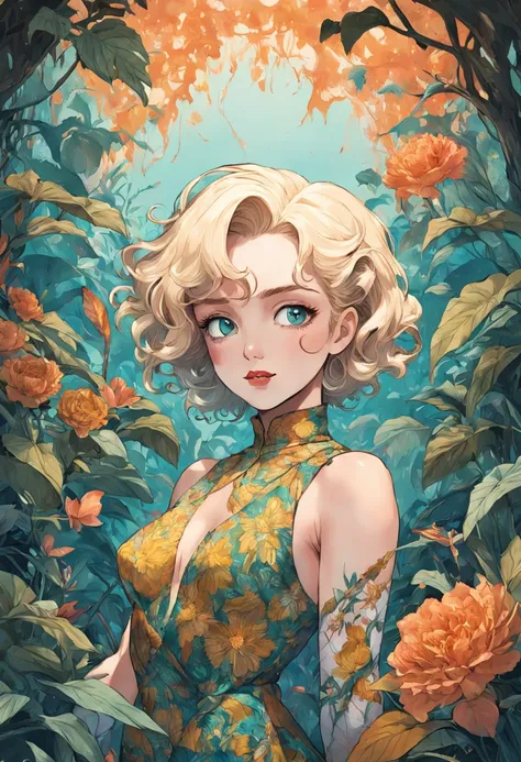 Marylin Monroe, estilo vintage , Hyperdetailed botanical liter, Desenhista de linha, digital illustation, tinta pesada, Maximalist botany, A beautiful and aesthetically pleasing illustrative masterpiece, Post-editing of Topaz AI