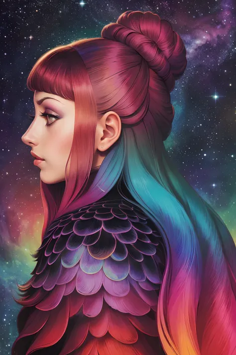 ((beste-Qualit)), ((tmasterpiece)), ((Realistic)), Ultra-detailed, (Cassiopeia, hairstyle bun), Star Waterfall, Perfect colorful gradient, illustration by Ernst Fuchs, —q 4 —s 750