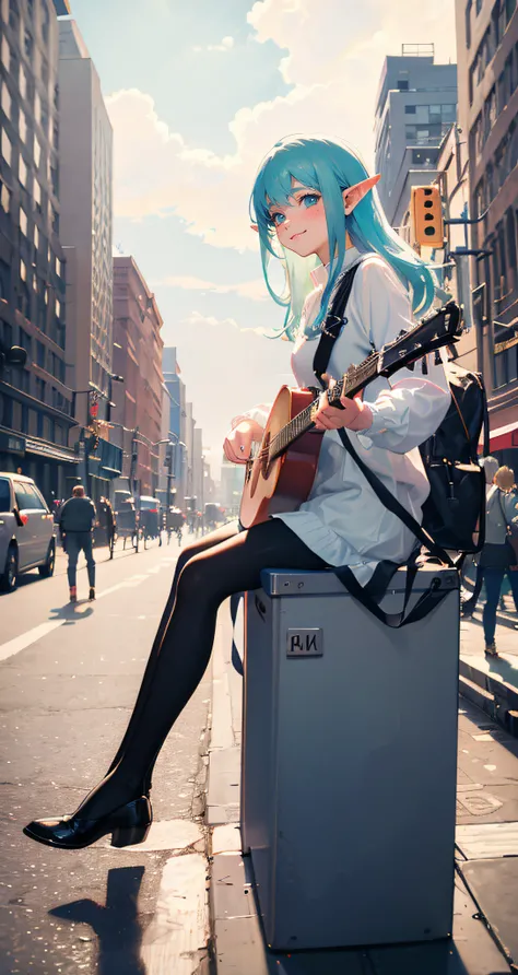 polaroid photo, masterpiece, best quality, 1girl, the cloud elf busks on the streets of new york, casual, sitting, playing guitar, film grain, soft lighting, smile