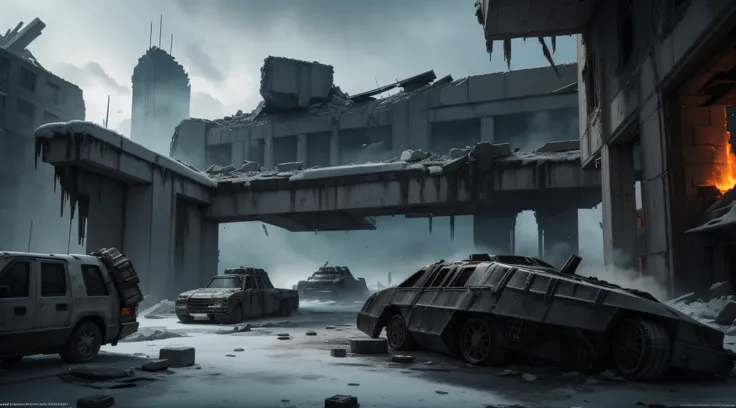 A piece of urban ruins，Cyberdoomsday style，Icy mechanical wreckage pushed over the ruins，Some weapons and soldiers lay in ruins