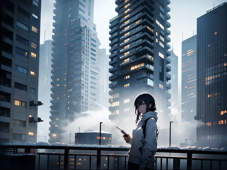 one woman, leaning on the railing of the balcony of high rise building, wearing white sweater, alone, midnight, sad mood, ultra detail, snow, dark, smoking, bleak, sad, alone, cyberpunk, winter, snowing, foggy, far shot, cigarette, visually busy, visual cl...