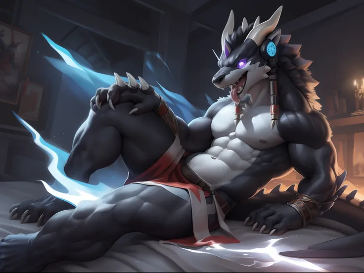 Solo, Male, (Muscular), sacrifices, (male anthro wolf):1.3, White flesh，nakeness，divinity，Wear white ear headphones，loincloth, (Kamimei):1.3, (komono:1.4) (DOA):1.23, Detailed eyes, lizard tail,A pair of dragon horns, A pair of dragon wings，Slim stature，((...