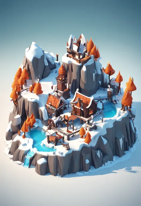 Snow Island，Snowy island， isometric 3d fantasy island, isometric game asset, 3 d stylize scene, Island background, 3 d render stylized,, game assets, high quality lowpoly art, Stylized 3 D, stylized 3d render, isometric 8k