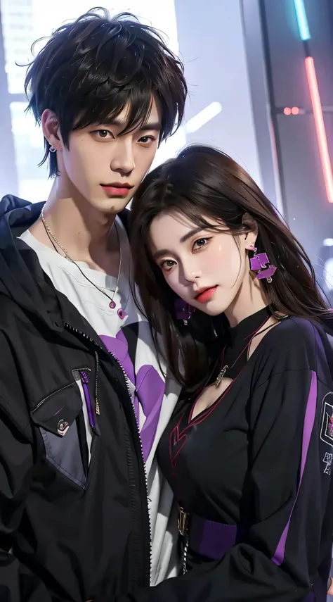 Anime couple posing for photo with brunette and purple earrings, Guviz-style artwork, Guviz, trending on cgstation, inspired by Yanjun Cheng, by Yang J, KDA和Sam Yang。, cute couple, WLOP and Sakimichan, trending on artstration, Ruan Jia and Artgerm, High-qu...