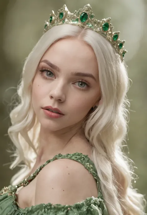 Retrato de uma mulher jovem, (((cabelos platinados))), olhos verdes [Dove Cameron: Scarlett Johansson: 0,20], usando roupas de elfo, ((estilo fantasia)), usando coroa de elfo, Hora de ouro, art-station, Sony DSLR Camera, lentes de 35mm, discreto