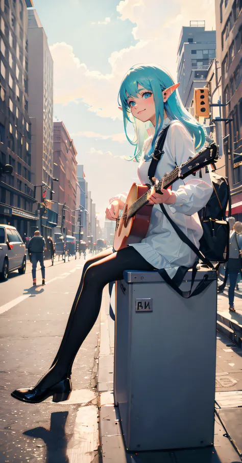 polaroid photo, masterpiece, best quality, 1girl, the cloud elf busks on the streets of new york, casual, sitting, playing guitar, film grain, soft lighting, smile, 8k