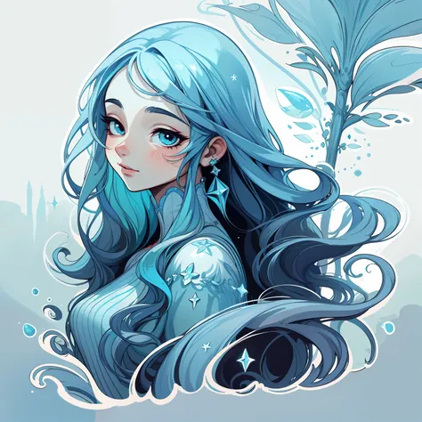 adesivo, fundo simples, portrait, 1girl, girl with long hair, beautiful aquarius girl, aquarius aesthetic, beautiful girl, very beautiful fantasy art, beautiful and elegant female aquarius, beautiful detailed fantasy, aquamarine and white color palate, aqu...