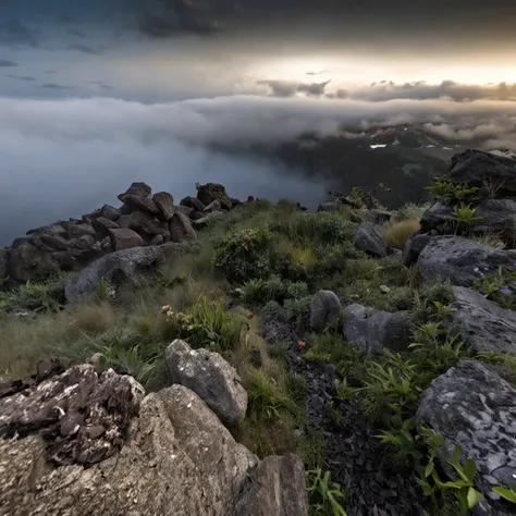 Magnificent view，Forest mountain landscape photography，Nature，It just rained，Harsh winter，Bushes in the moonlight，breeze， Eau，Rocks at night，Boulders，cobblestones，1 Moist white Phalaenopsis orchid in moonlight on the edge of the cliff，foggy sky，Nightmare v...