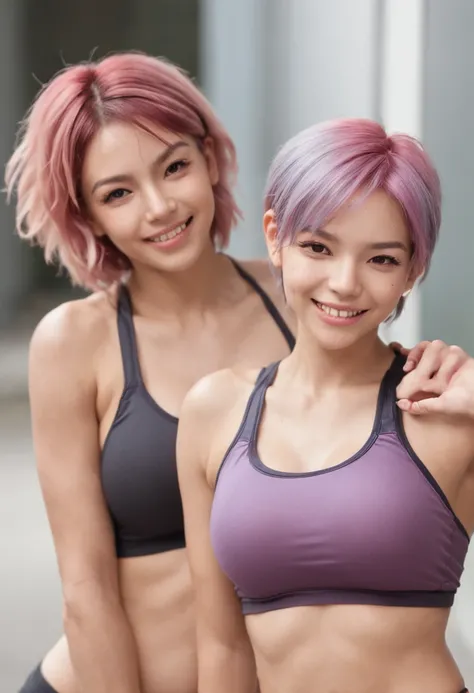 ((Two young women)), (anime), poses de corpo inteiro, exercitando-se intensamente em uma academia, wearing sports bras and floss made of transparent fabric, com suor brilhando em seus corpos. Both have short, messy multicolored hair with smiling faces, and...