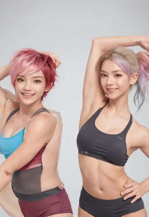 ((Two young women)), (anime), poses de corpo inteiro, exercitando-se intensamente em uma academia, wearing sports bras and floss made of transparent fabric, com suor brilhando em seus corpos. Both have short, messy multicolored hair with smiling faces, and...