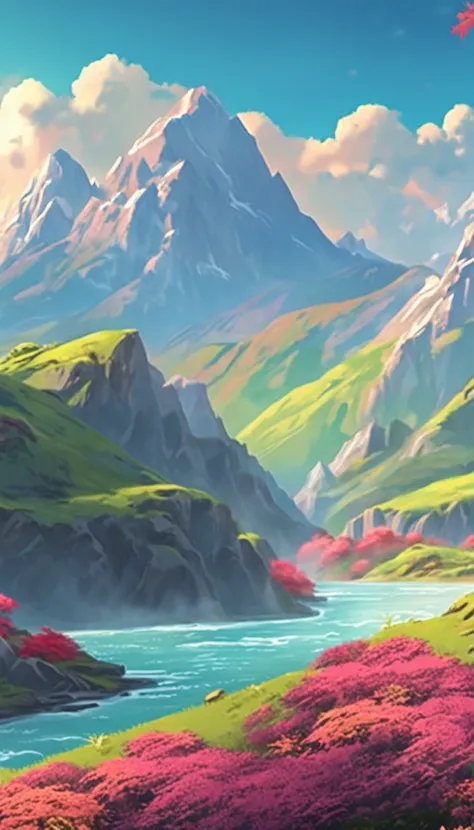 ghibli style, beautiful sky with mountains and river 4k wallpaper.Clear and sunny atmosphere."