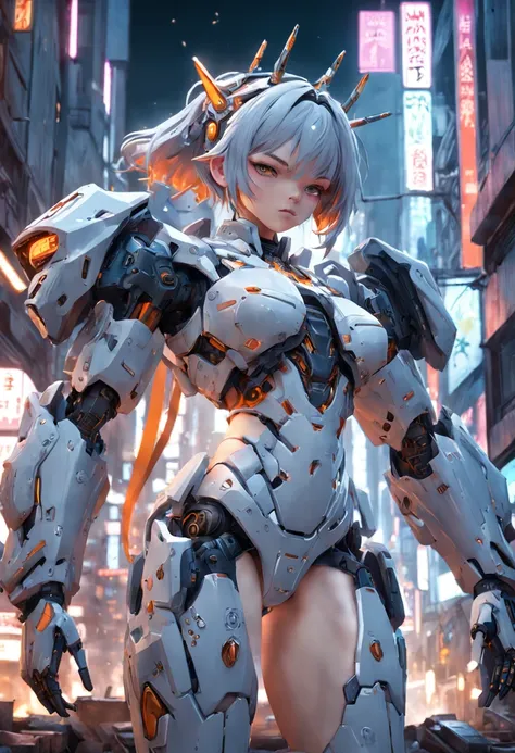 ((Best Quality)), ((Masterpiece)), (Very Detailed:1.3), 3D, Shitu-mecha, Beautiful cyberpunk woman wearing a crown with her mecha in ruins of a city of forgotten wars, streets with mecha in firefight, long silver hair, sci-fi technology, HDR (High Dynamic ...