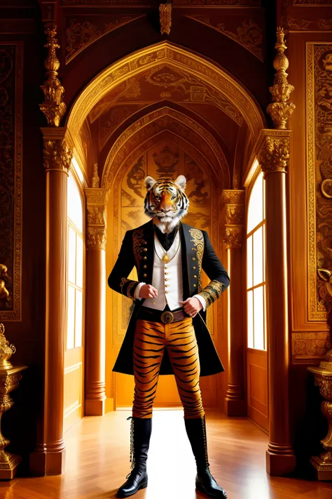 (masterpiece), animal, portrait of [man:tiger:2] humanoid, pirate tiger, tiger one eye,wearing king clothes, intricate design clothing, tiger legs, , Renaissance style screen, background inside castle, high details castle interior, face, soft lighting,