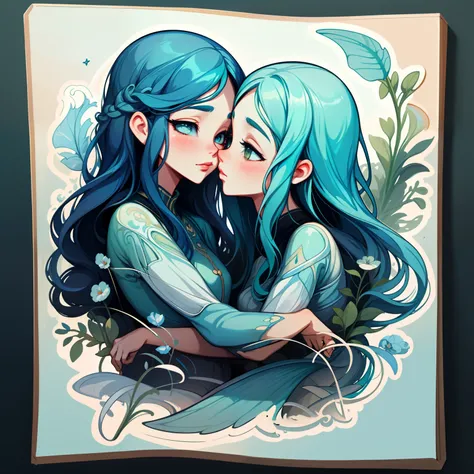 adesivo, fundo simples, portrait, 2 girls, couple, kissing, girl with long hair, beautiful pisces girl, pisces aesthetic, beautiful girl, very beautiful fantasy art, beautiful and elegant female pisces, beautiful detailed fantasy, light green and blue colo...