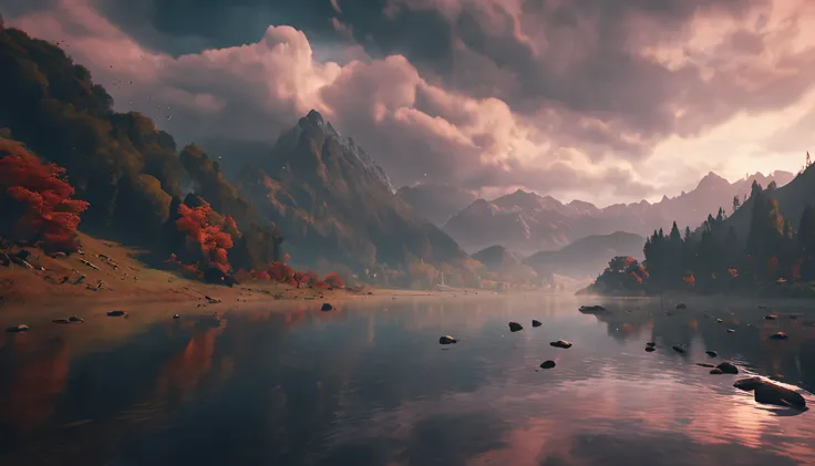 ghibli style, beautiful sky with mountains and river 4k wallpaper. Rainy and foggy atmosphere, evoking a moody and desolate future."