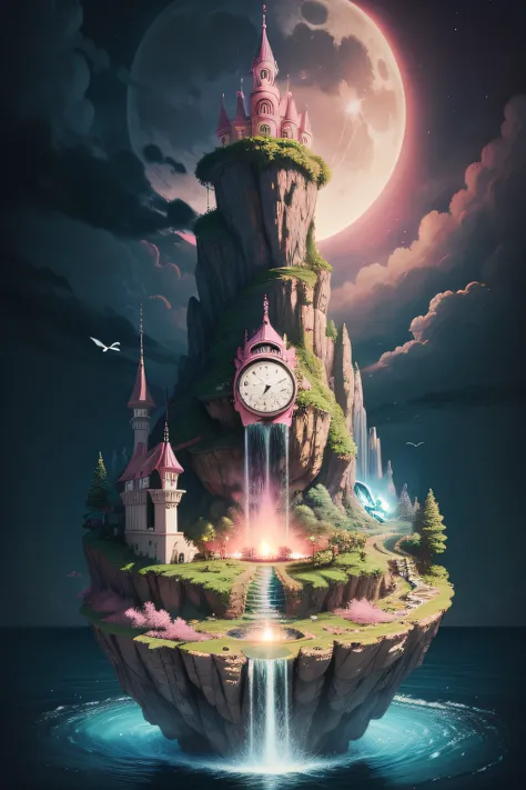 island，sky，moon，fairy，clock，waterfall，pink， bird，sky，moon，fairy，clock，waterfall，pink， tiger