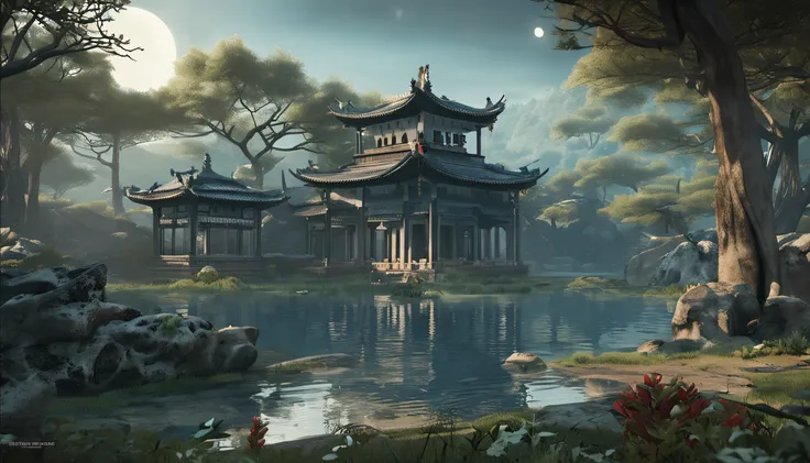 Render a peaceful palace scene amidst a serene natural setting, capturing the poets moonlit contemplation. Infuse Victor Nges influence into your art, incorporating a blend of calming blues and gentle greens against a backdrop of muted gray. Maintain a lum...