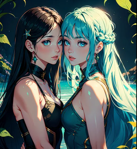 adesivo, fundo simples, portrait, 2 girls, couple, kissing, girl with long hair, beautiful pisces girl, pisces aesthetic, beautiful girl, very beautiful fantasy art, beautiful and elegant female pisces, beautiful detailed fantasy, light green and blue colo...