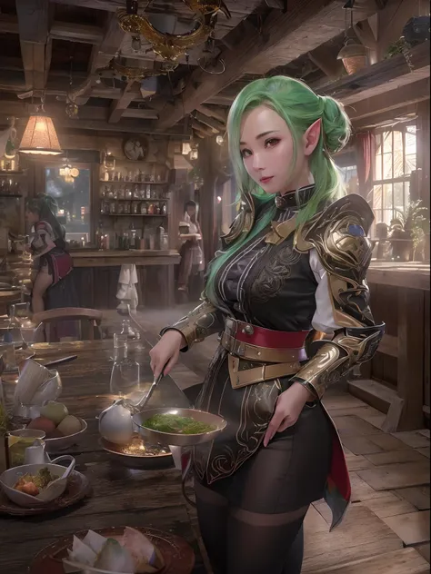 (masutepiece, High resolution, Photorealsitic:1.4), (Elf working in a tavern in maid clothes with a sensual and statue-like figure:1.3), (Shortwear, tight-fitting clothes、Walk towards the river:1.2), (green colored hair:1.2), (Rosy cheeks blush with a hint...