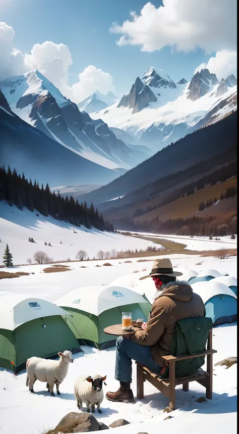 grass field，snow mountains，tenten，with blue sky and white clouds，A flock of cute cows and sheep，Crystal clear creek，A man sits on a small chair next to a tent and looks at the snowy mountains in the distance and sheep grazing on the meadows