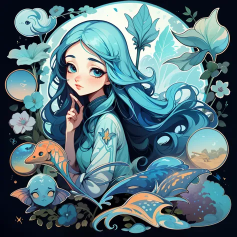 adesivo, fundo simples, portrait, 1 girl, girl with long hair, beautiful pisces girl, pisces aesthetic, beautiful girl, very beautiful fantasy art, beautiful and elegant female pisces, beautiful detailed fantasy, light green and blue color palate, blue col...