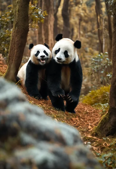 tmasterpiece, best qualityer, cinematic Film still from, Two pandas, Close-up Shot Shot，Bright and bright, cheerfulness, Soft lighting and warmth, natta, Panda looking up at the sky in the forest